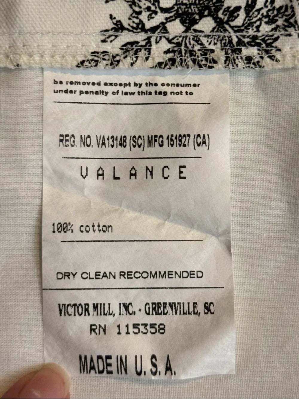 Black and Ivory Toile Shaped Valance with Scalloped Edge 52” long